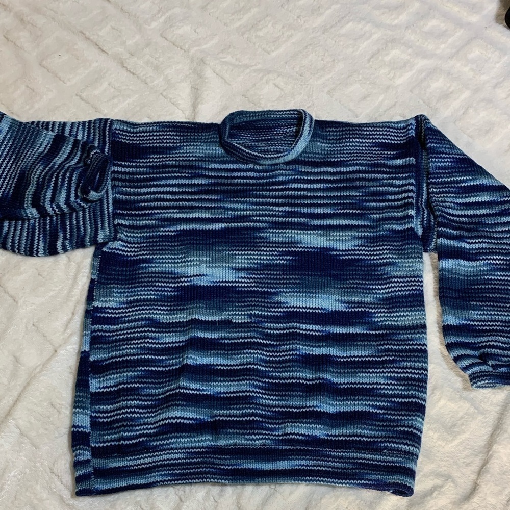 Handmade Knit Sweater Crew Neck Variegated Blue XXL